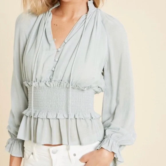 Y2K Smocked High Collar Long Sleeve Blouse - Picture 1 of 10